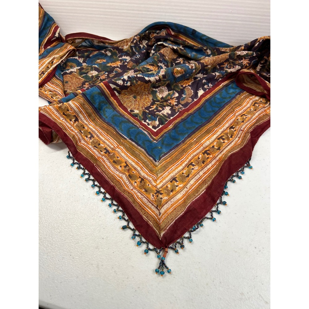Boho Floral Cotton Triangle Shawl Scarf with Beaded Fringe Trim Earth Tones